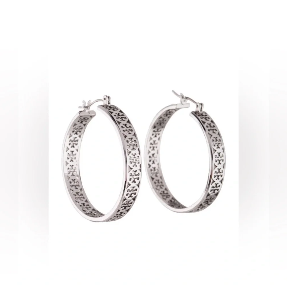 Tory Burch Large Silver Kinsley Hoop Earrings NWT‎